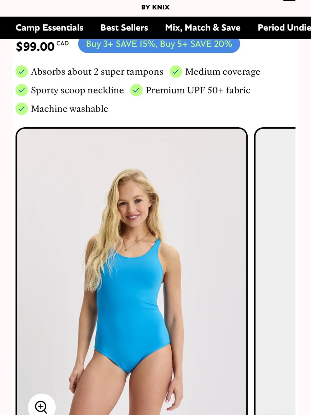 KT by Knix Girls Period Proof One-Piece Swimsuit in Bright Blue